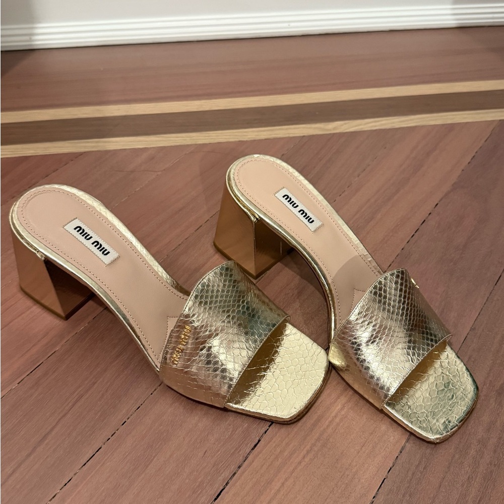 Miu Miu Metallic Gold Textured Mules - Picture 2 of 4